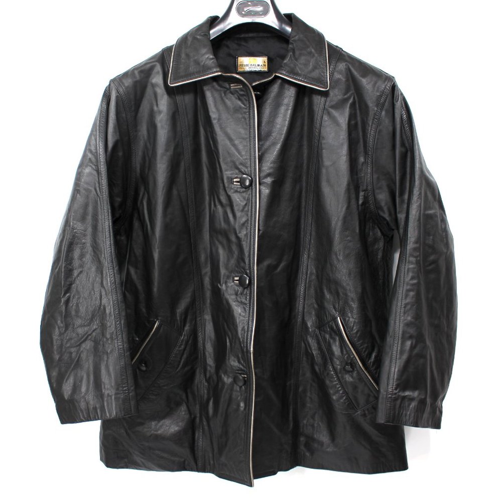 Pierre BALMAIN Golden Line Black Leather Button-Up Jacket L Vintage Paris Coat